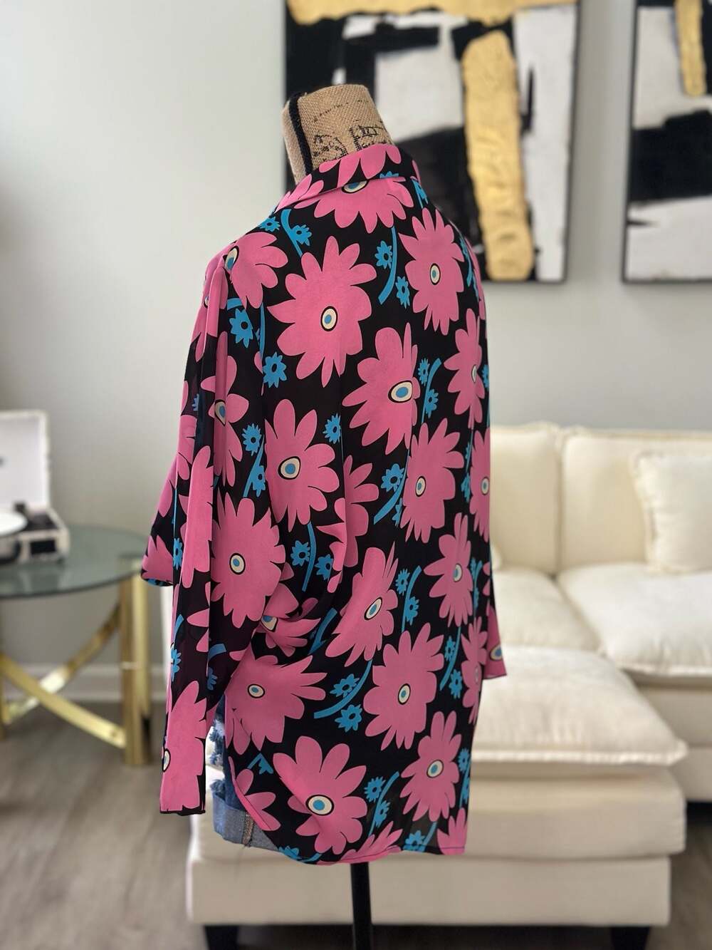 Dress-U By Sharon Pink Floral Long Sleeve Tie-Front Sheer Chiffon Top Size 18 - Picture 5 of 6